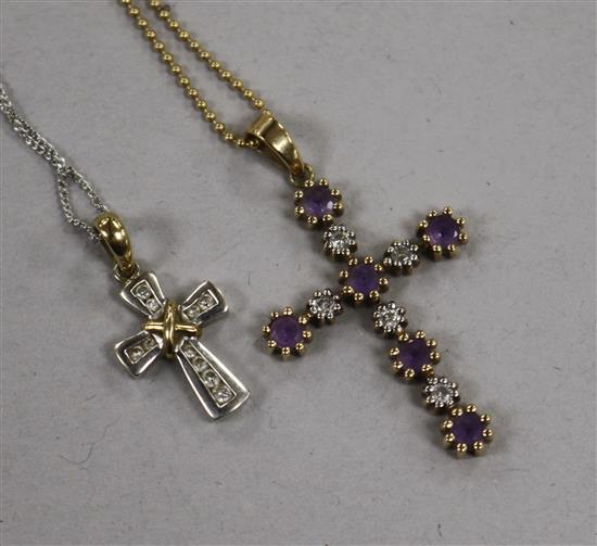 A 9ct white gold and diamond cross pendant on chain and a yellow gold and gem set cross pendant on chain.